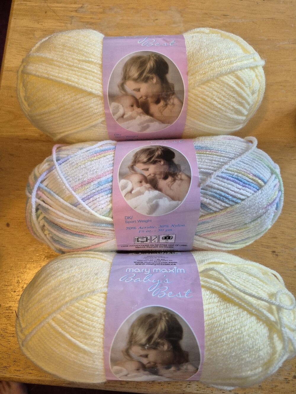 Mary Maxim Baby's Best Yarn-2 skeins  Pale Yellow And 1 Variegated Rainbow